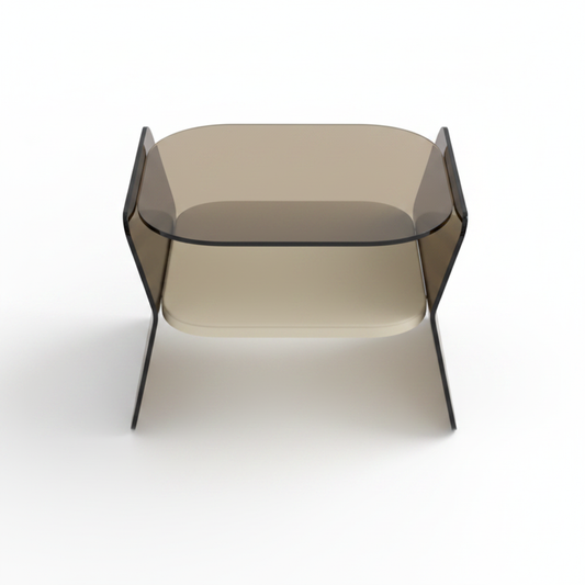 Top view of smoked bronze glass panel side table showing cream floating shelf