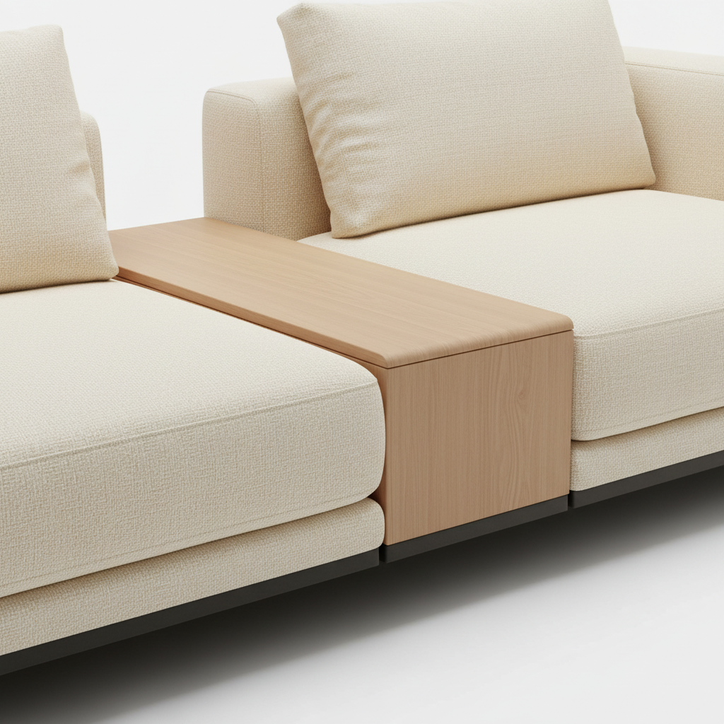 Plano modular sofa system — close-up cream fabric and built-in wooden side table detail