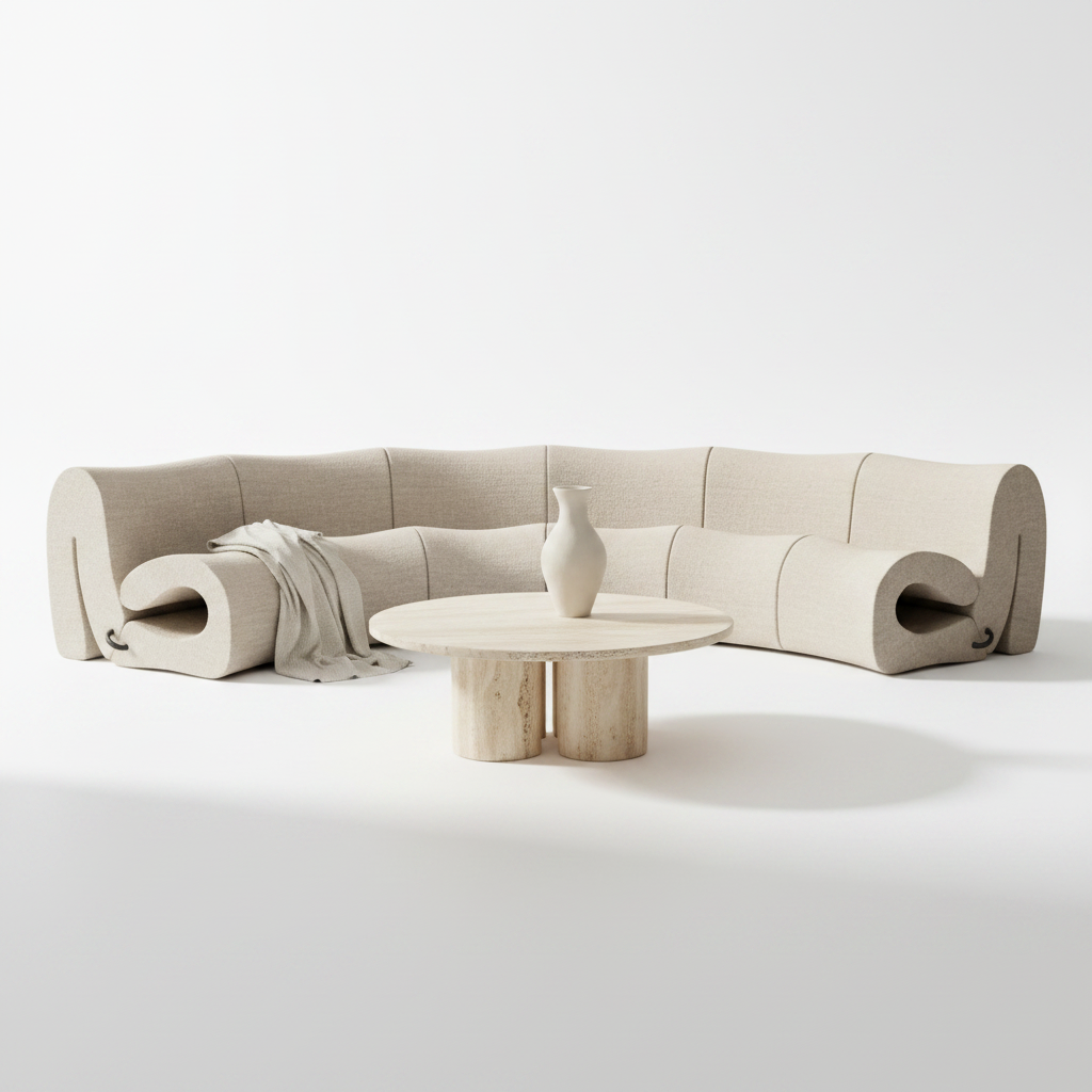 Voluta curved modular sectional sofa — styled with accessories