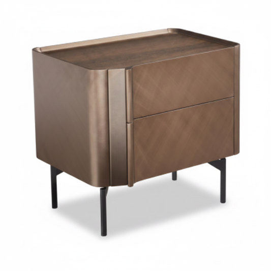 Side view of warm brushed bronze metallic bedside table showing slim black metal legs