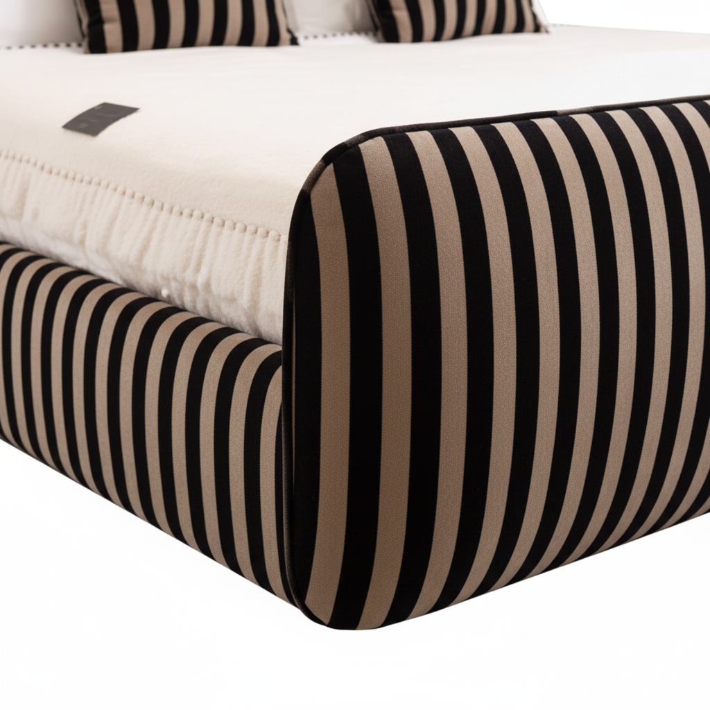 Rigato king bed — close-up black and cream stripe velvet detail