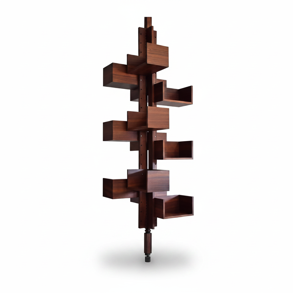 Arbor Rotating Bookshelf rear three-quarter view showing pole joinery and compartment construction