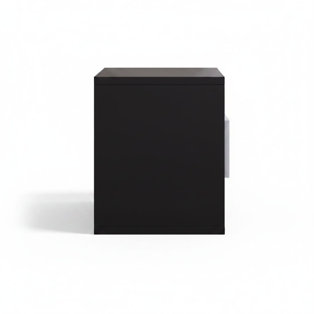 Side view of matte black frame bedside table with silver drawer and open shelf