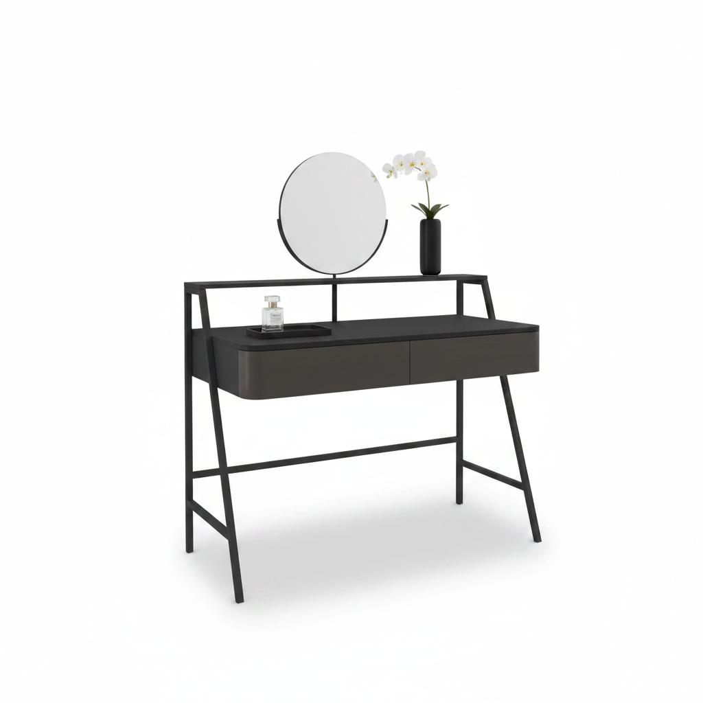 Atelier dressing table styled with perfume and orchid on rear shelf
