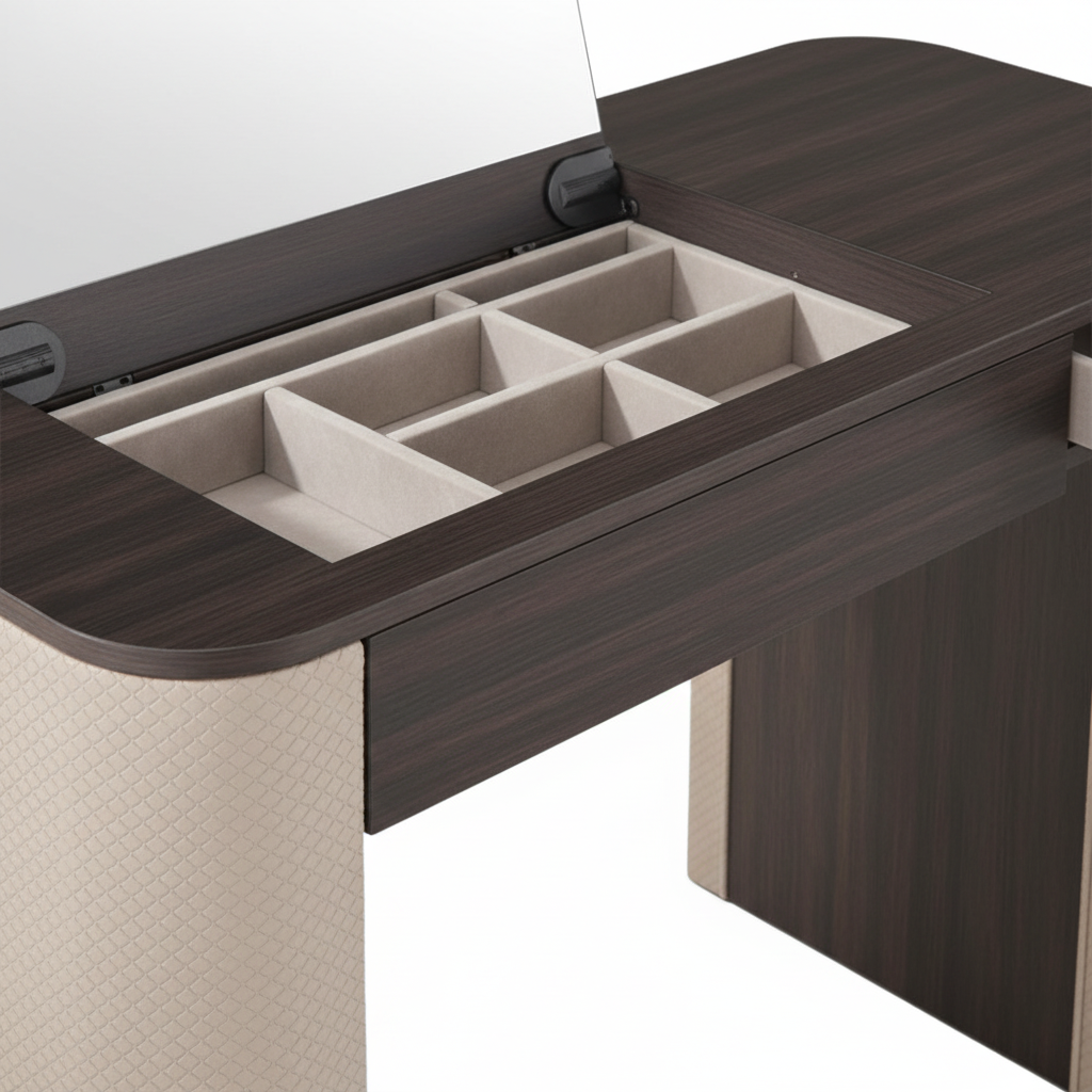 Close-up of wenge wood grain, jewellery tray dividers and cream lacquer leg contrast