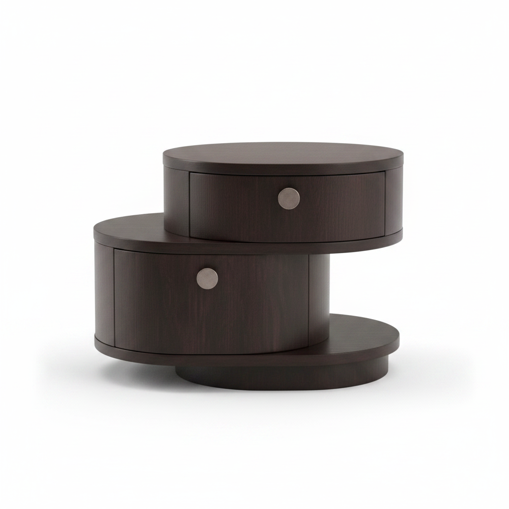 Side view of sculptural rotating disc dark espresso wood bedside table showing spiral offset