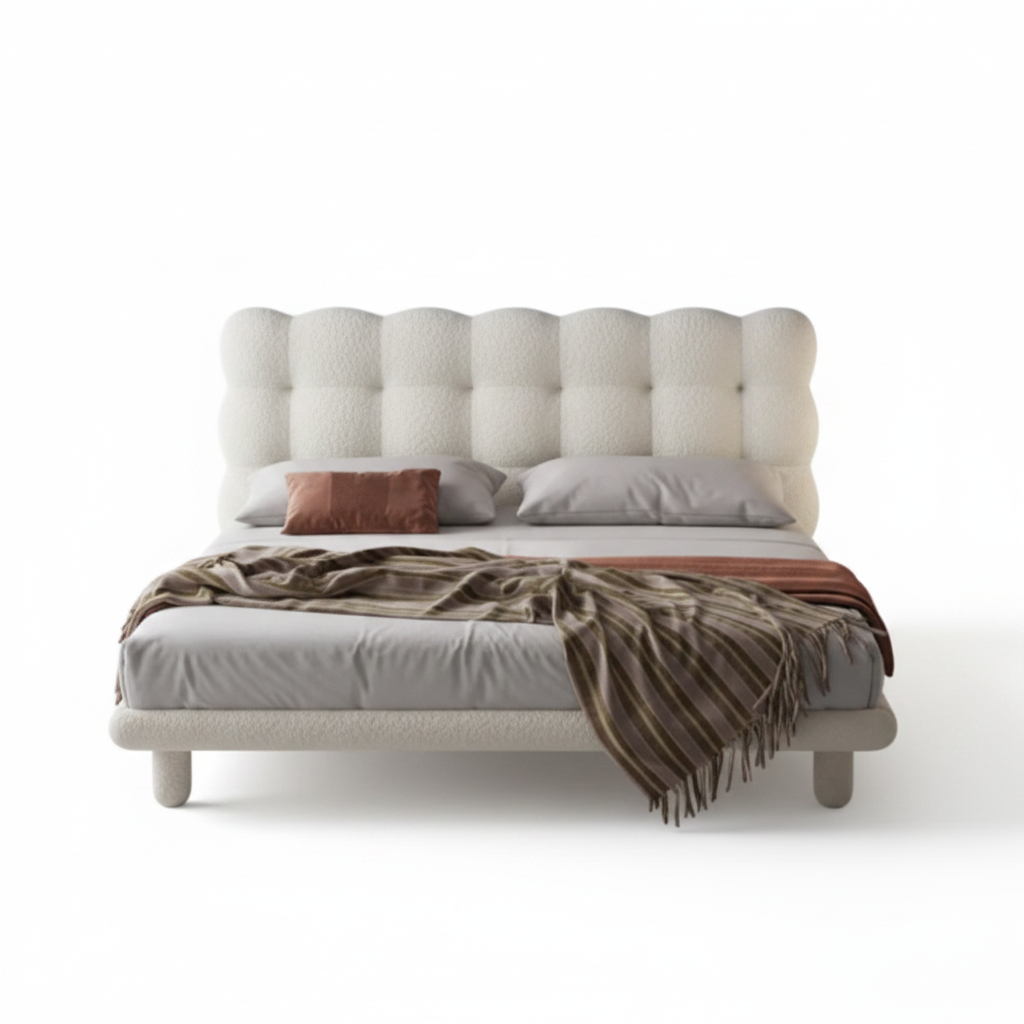 Cumulo cloud-tufted bouclé bed in cream, top view