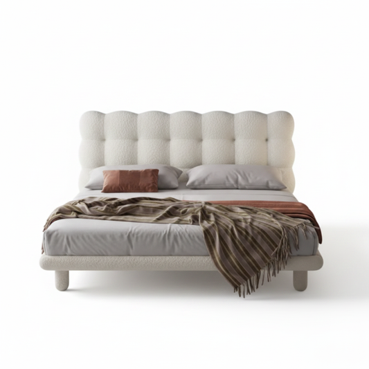 Cumulo cloud-tufted bouclé bed in cream, top view