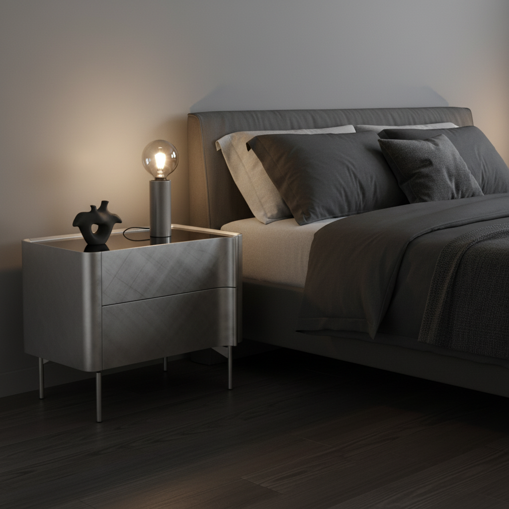 Brushed steel trapezoidal bedside table with smoked glass top styled in a luxury modern bedroom