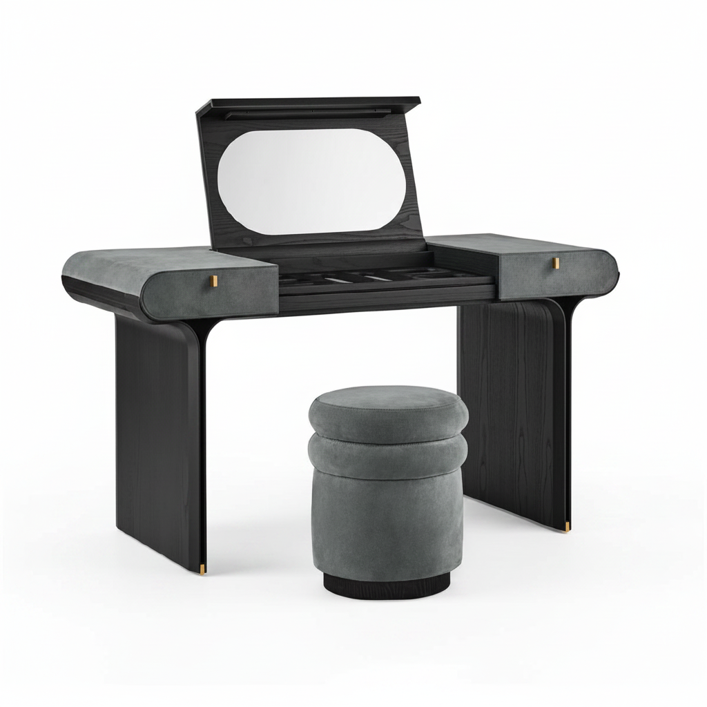 Top view of Obsidian dressing table with velvet stool