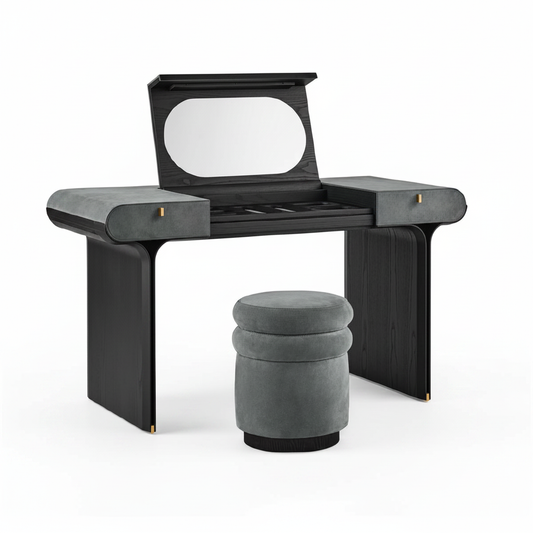 Top view of Obsidian dressing table with velvet stool