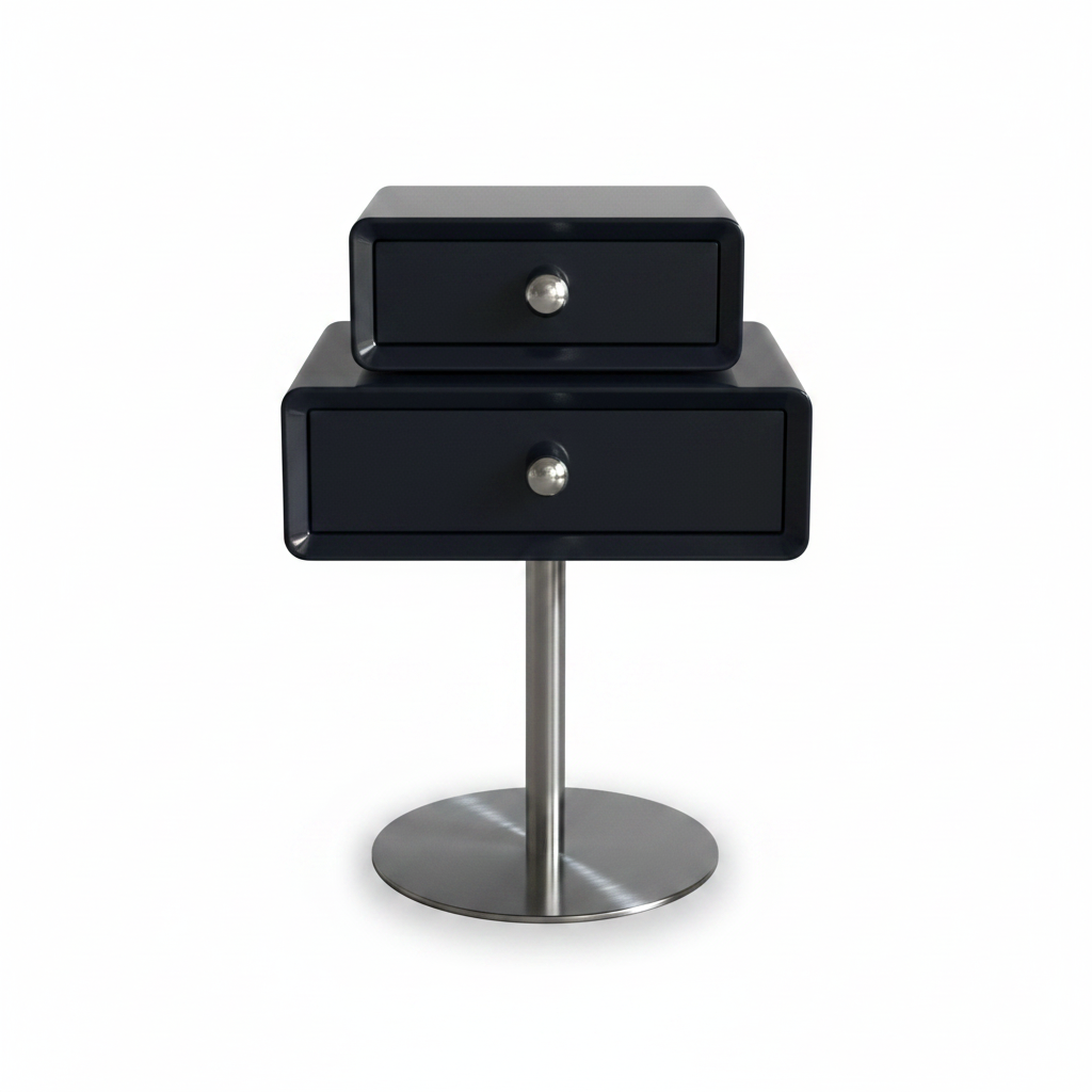 Top view of glossy black two-drawer side table on chrome pedestal base