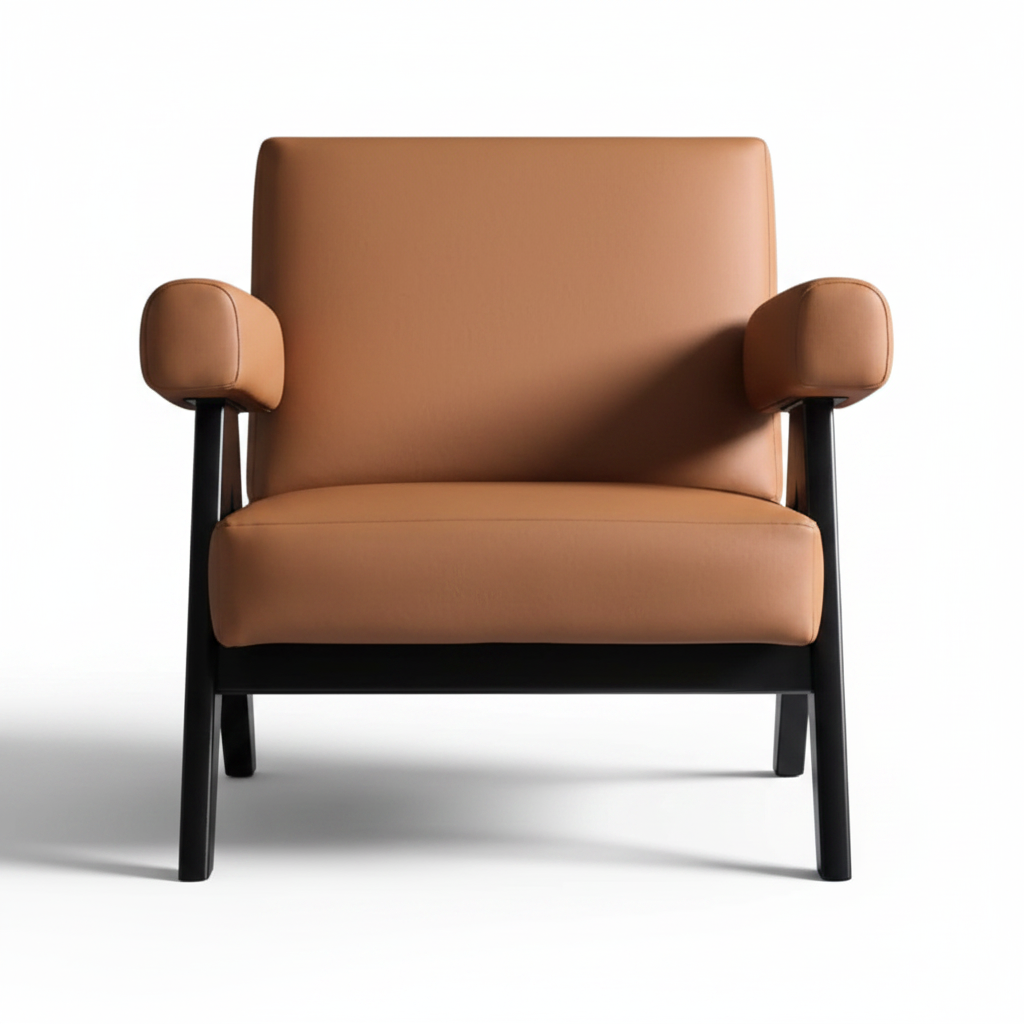 Mid-century lounge armchair with tan cognac leather cushions and dark espresso A-frame wood legs on white background