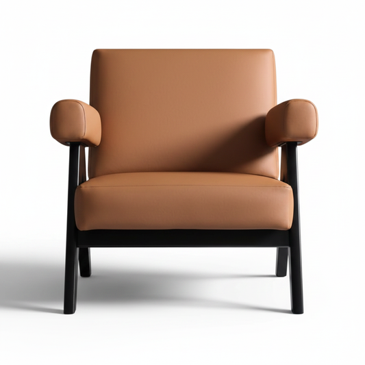 Mid-century lounge armchair with tan cognac leather cushions and dark espresso A-frame wood legs on white background