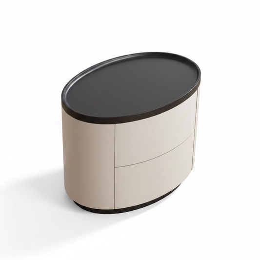 Top view of oval cream matte bedside table showing dark espresso charcoal oval top with raised rim
