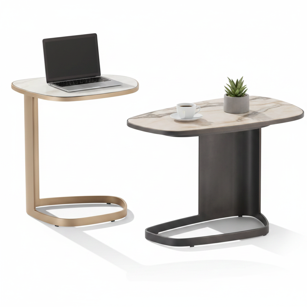 Canto Side Table both sizes and finishes styled with laptop and coffee cup
