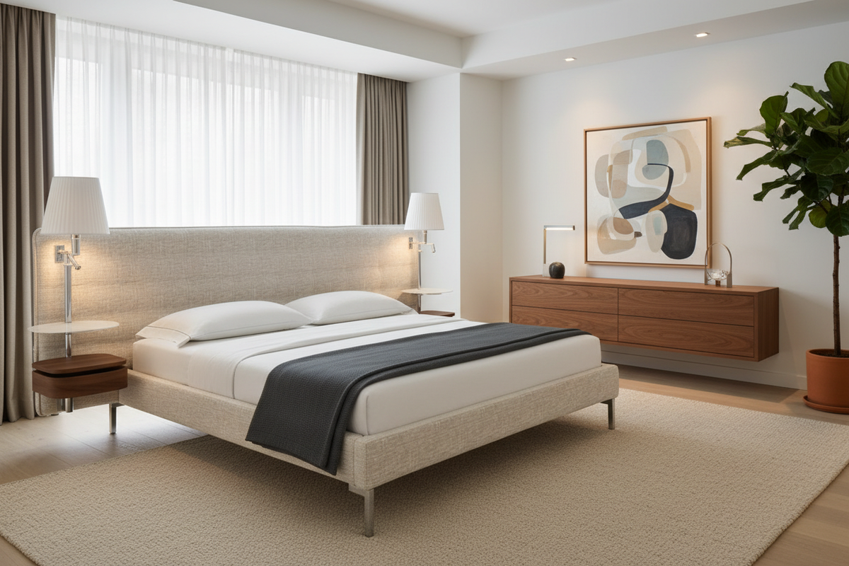 Arco bed in a sleek modern bedroom with walnut and chrome accents