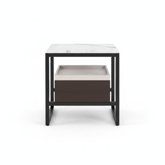 Matte black metal frame bedside table with white marble top and dark wood drawer, front view on white background