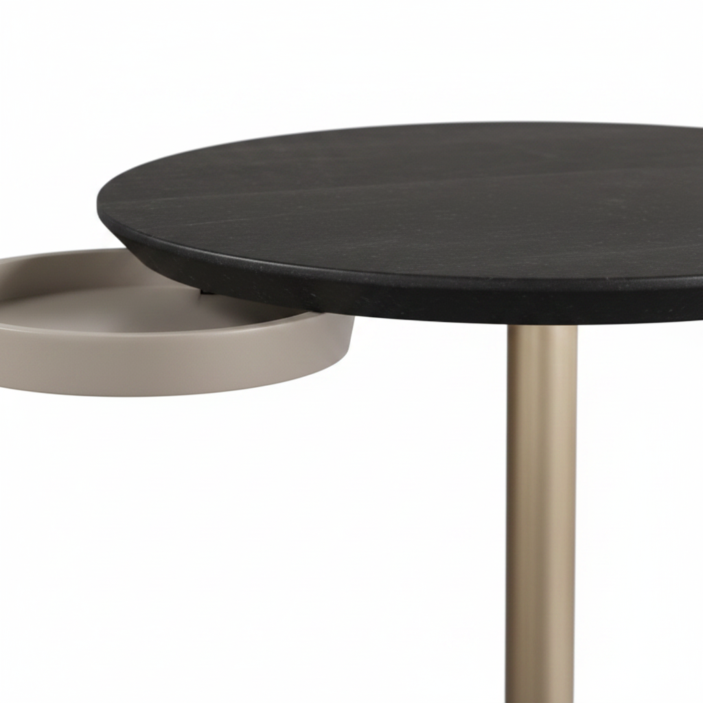 Close-up of Pario Side Table integrated side tray detail and black stone top edge