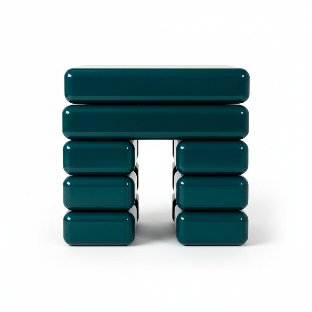Deep forest green glossy lacquer stacked cushion block bedside table with open arch base, front view on white background