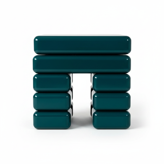 Deep forest green glossy lacquer stacked cushion block bedside table with open arch base, front view on white background