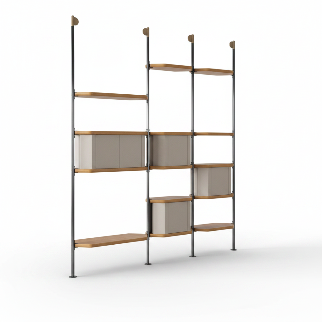 Auris Pole Shelving System three-quarter rear view showing pole joinery and cabinet modules