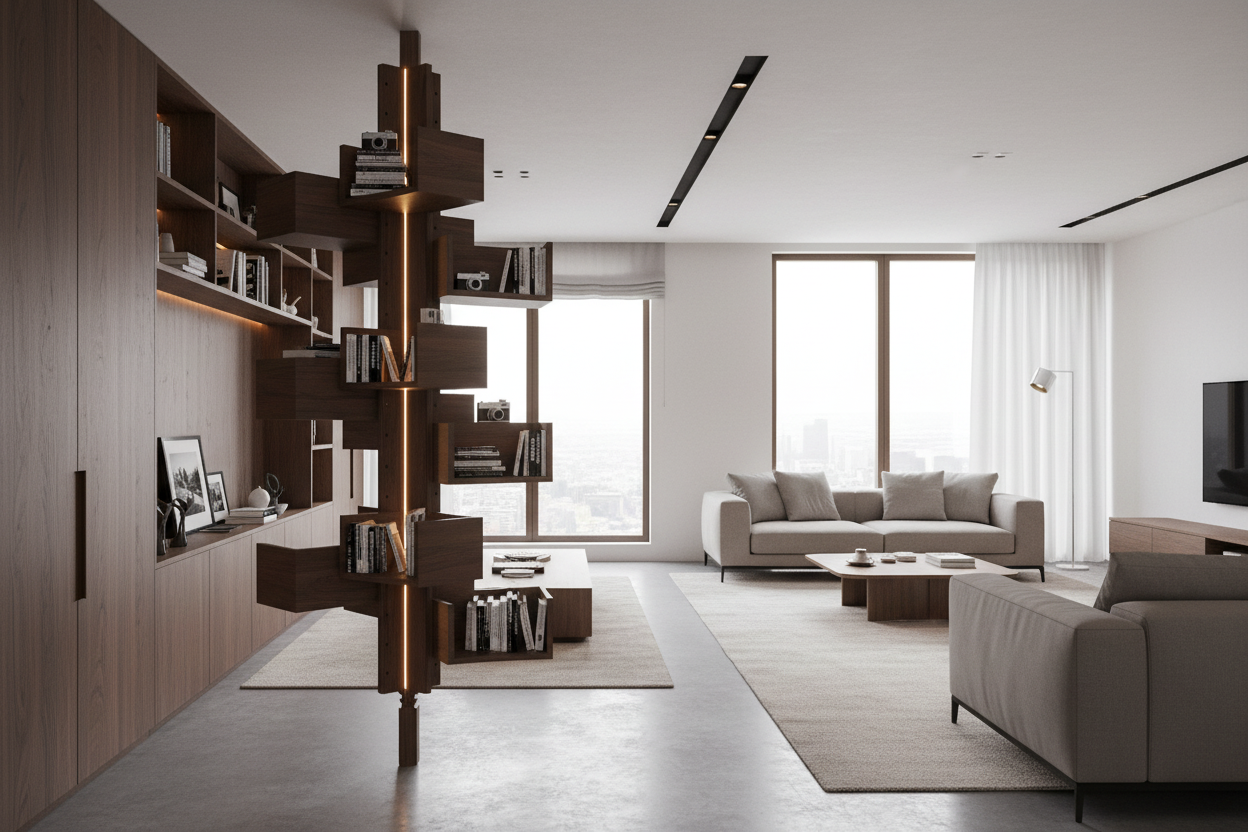 Arbor Rotating Bookshelf in luxury modern living room reaching full ceiling height