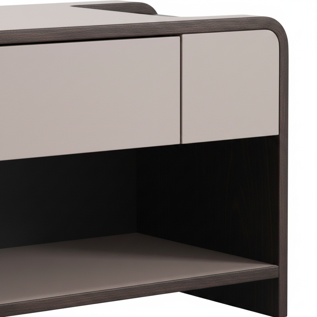 Close-up of the flush drawer fronts and dark espresso rounded frame of the Dune Bedside Table