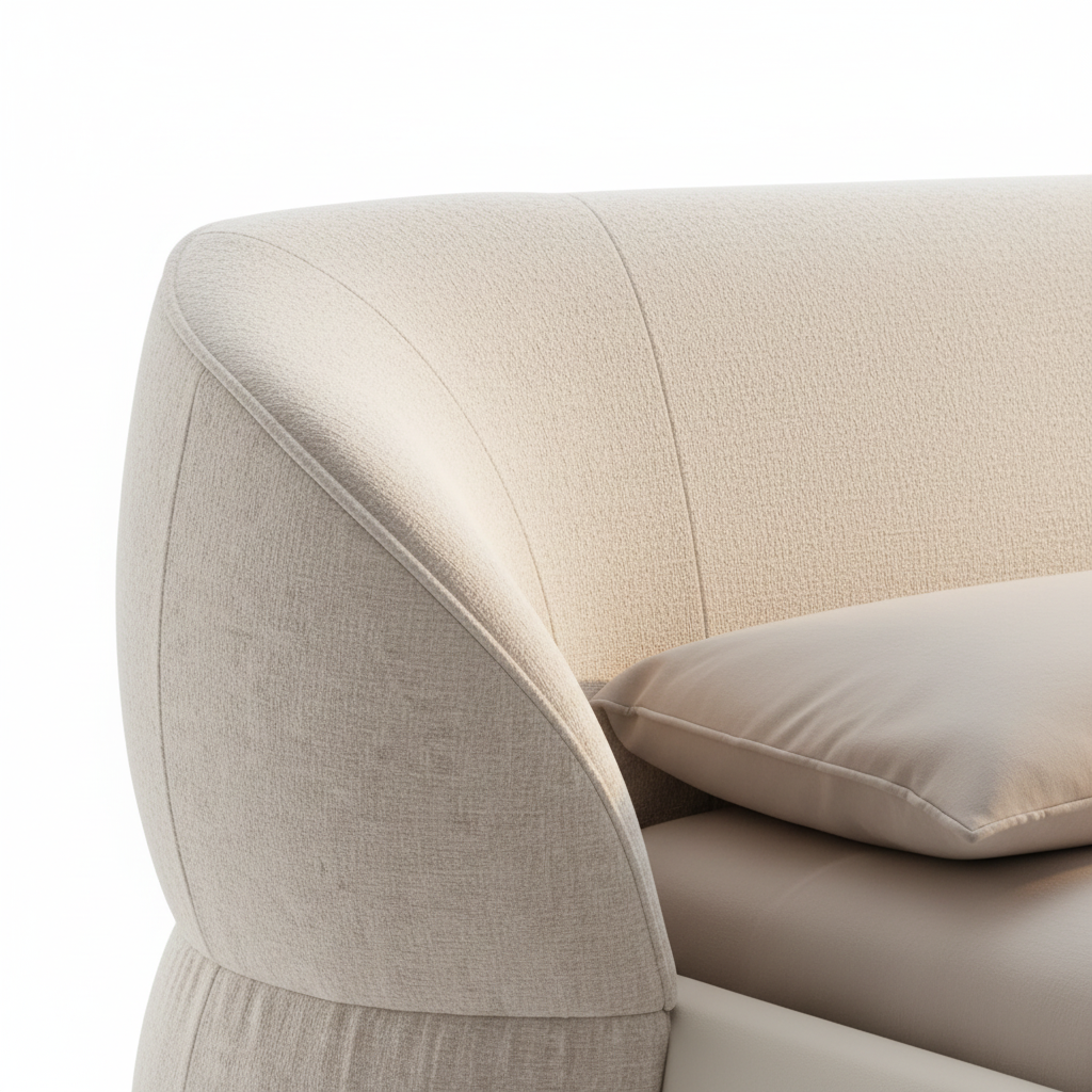 Close-up of Forma bed thick rounded curved headboard edge in cream fabric