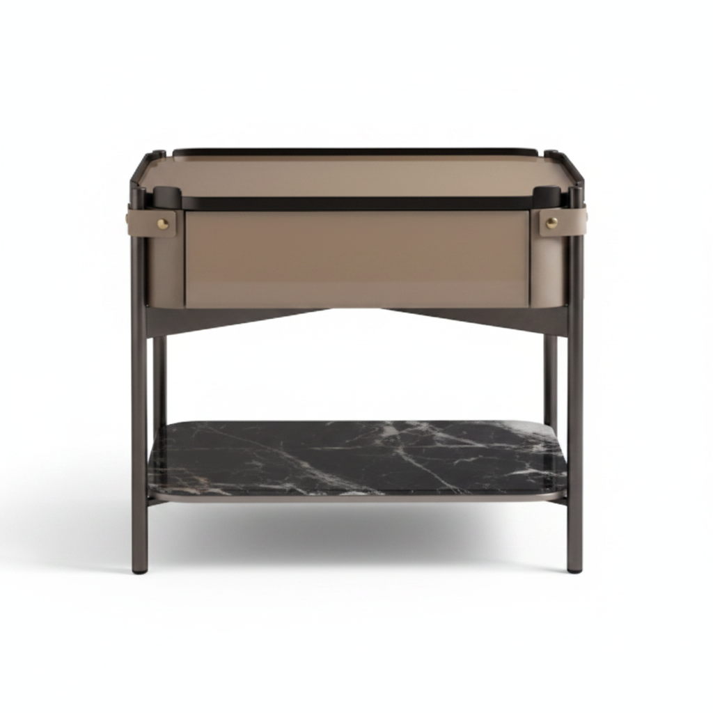 Gunmetal dark bronze metal frame bedside table with smoked amber glass drawer and dark marble lower shelf, front view on white background