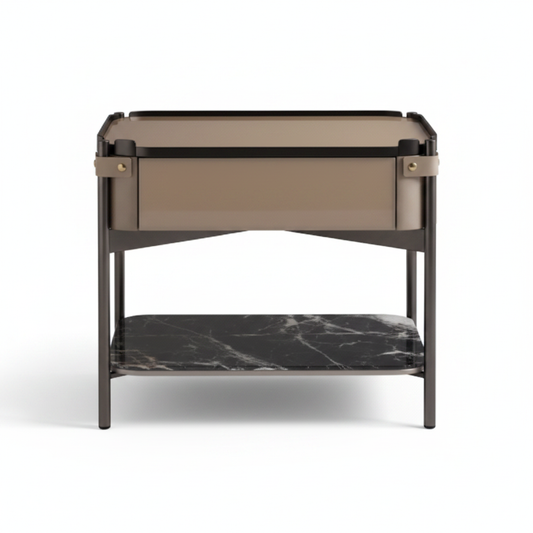 Gunmetal dark bronze metal frame bedside table with smoked amber glass drawer and dark marble lower shelf, front view on white background