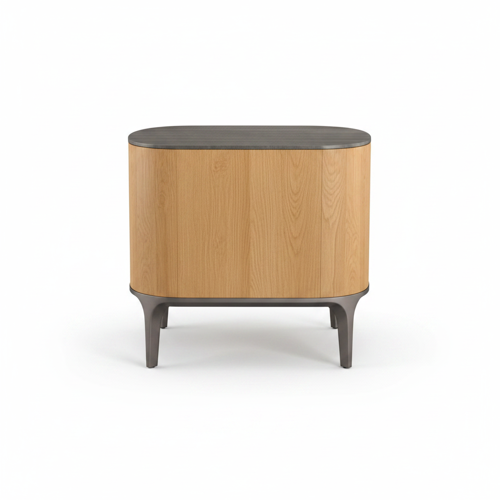 Back view of warm oak veneer rounded bedside table on dark gunmetal metal legs