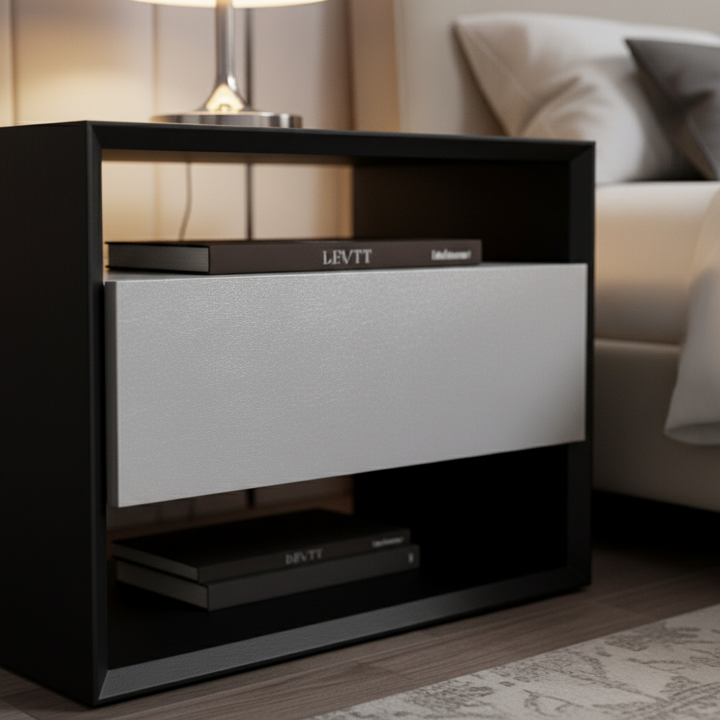 Close-up of light grey silver drawer panel within matte black frame on Cornice Bedside Table