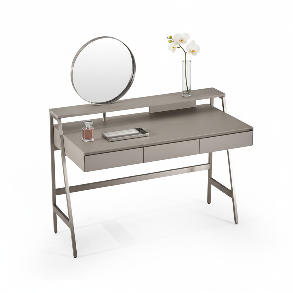 Cadre dressing table styled with perfume and orchid on rear shelf