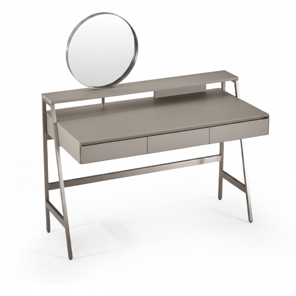 Top view of Cadre dressing table with round mirror and steel frame