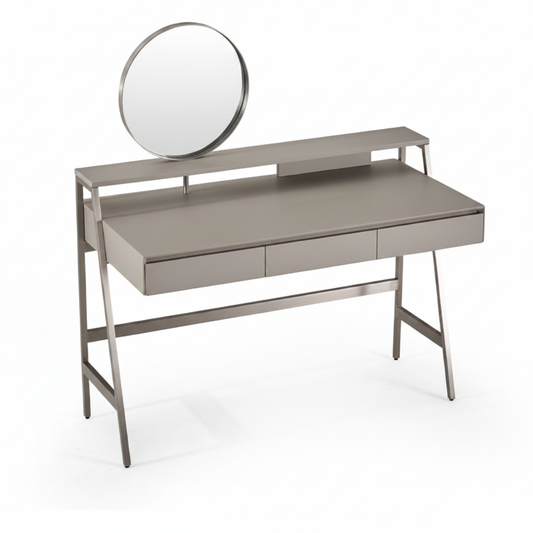 Top view of Cadre dressing table with round mirror and steel frame
