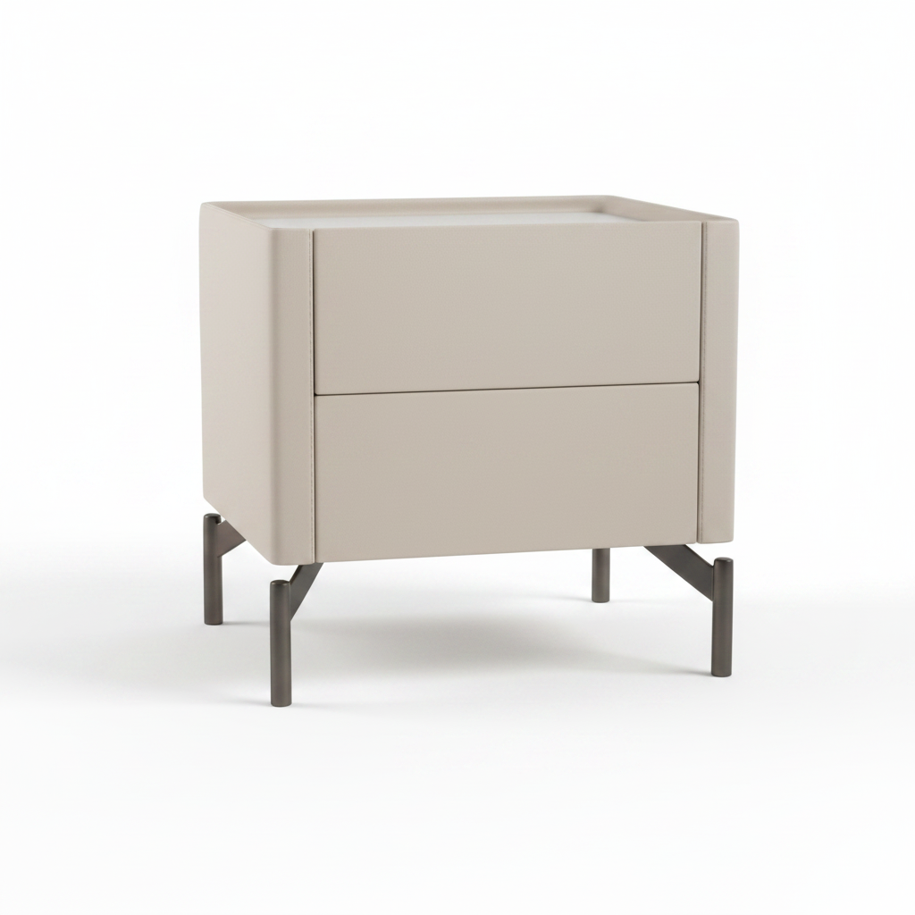 Top view of cream leather upholstered bedside table on dark gunmetal metal legs