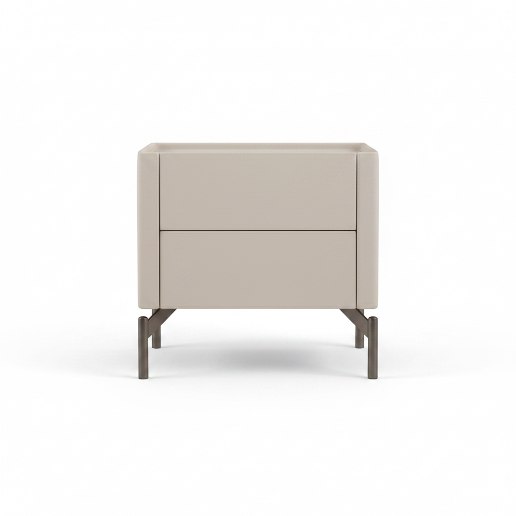 Cream leather upholstered two-drawer bedside table on dark gunmetal metal legs, front view on white background