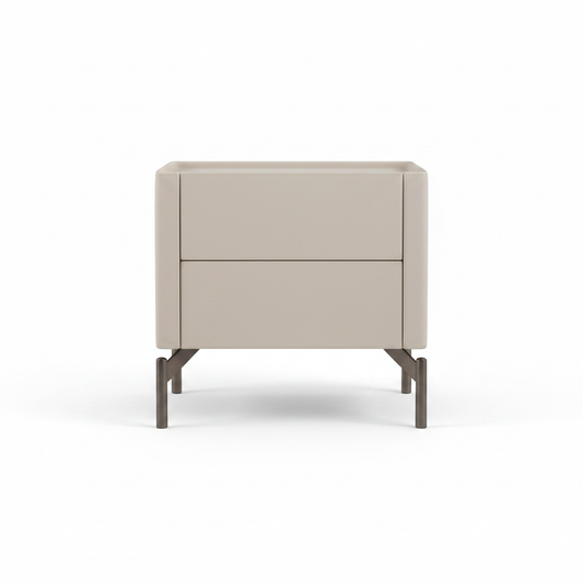 Cream leather upholstered two-drawer bedside table on dark gunmetal metal legs, front view on white background
