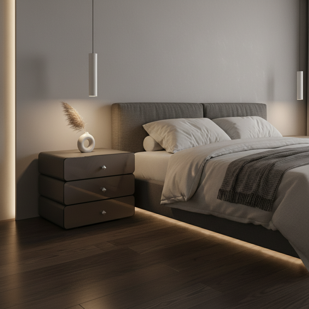 Three stacked drawer dark taupe bedside table styled in a luxury modern bedroom