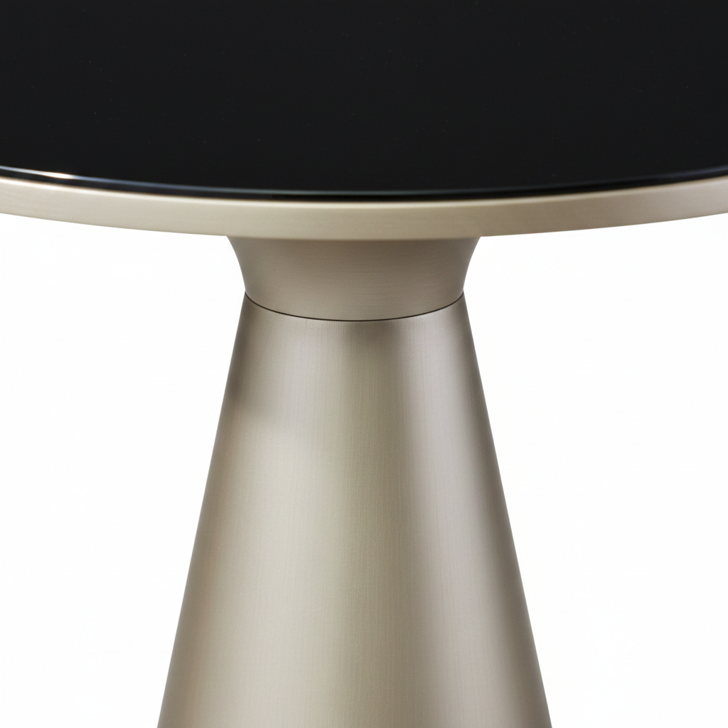 Close-up of Volca Side Table glass top and brushed metal base junction