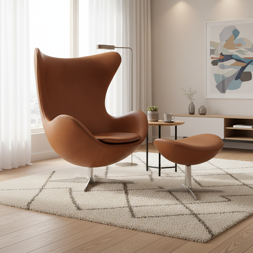 Cognac leather egg chair with matching ottoman styled in a luxury modern living room