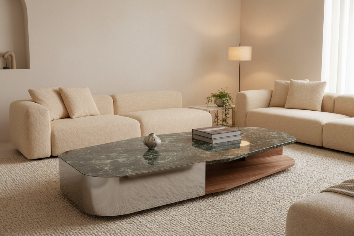 Vela Oval Coffee Table in a luxury minimalist living room with boucle sofa