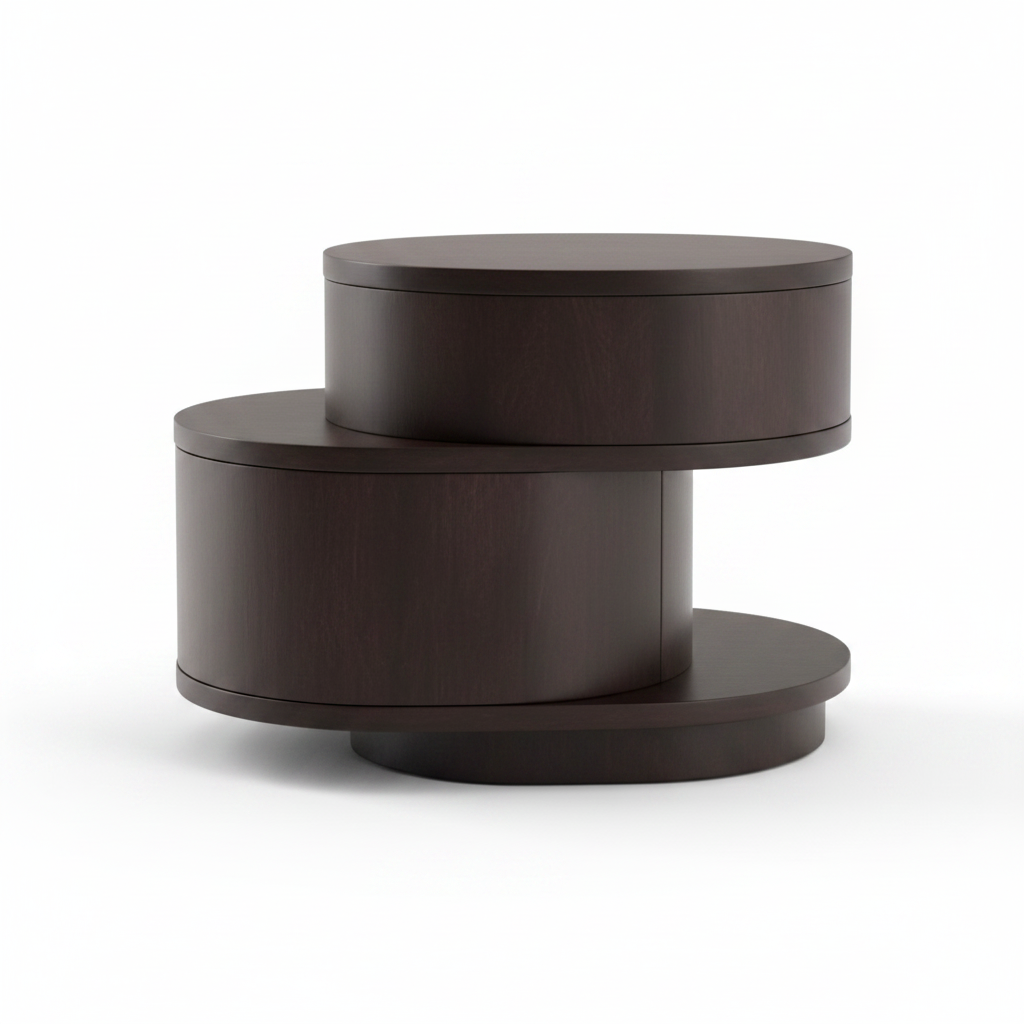 Back view of three stacked offset rotating circular dark espresso wood disc bedside table