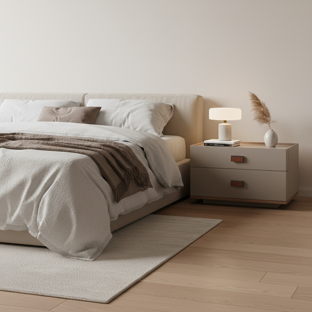 Warm greige matte low bedside table with cognac leather pulls styled in a luxury modern bedroom
