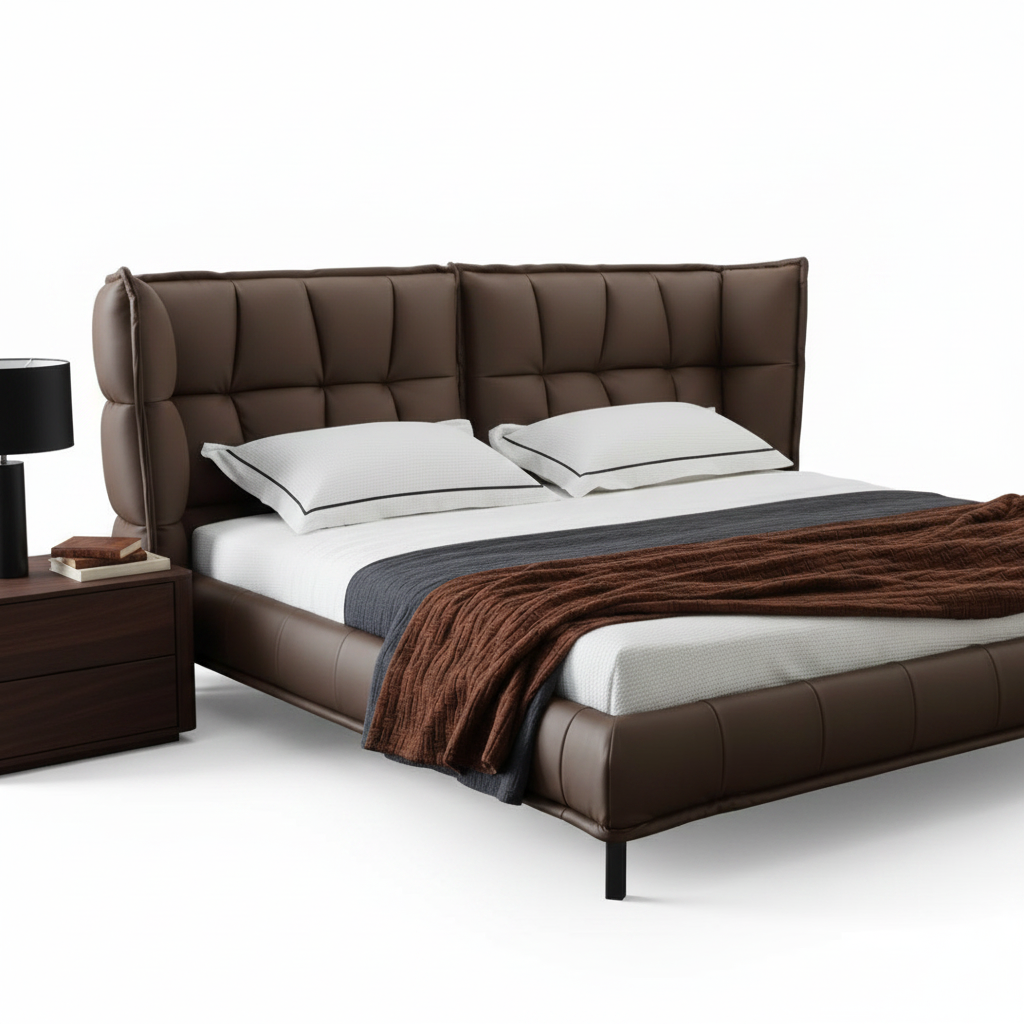 Corda Bed Frame styled with white linen, brown knit throw, walnut bedside table and matte black lamp