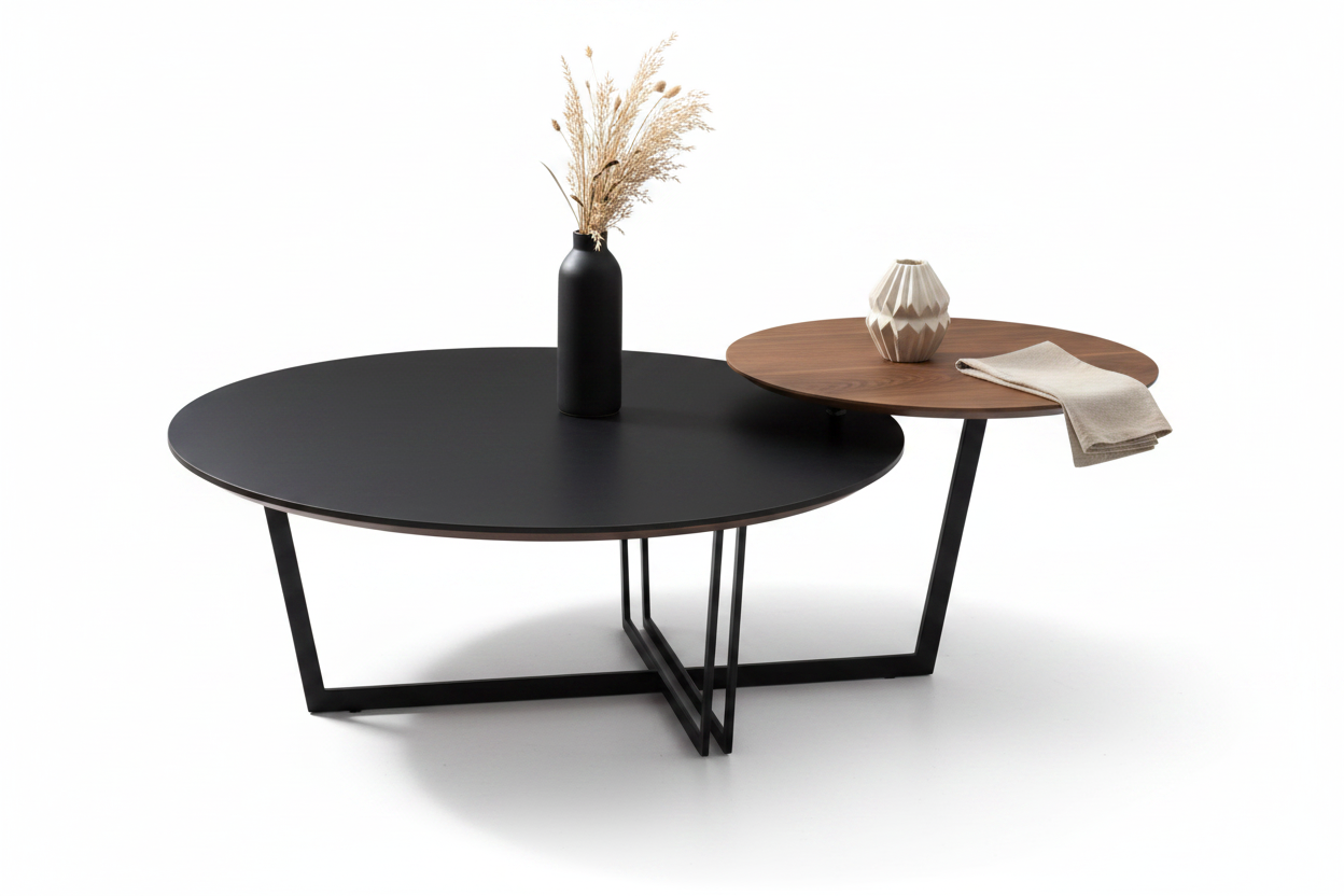 Gemino Dual-Level Round Coffee Table Set styled with accessories