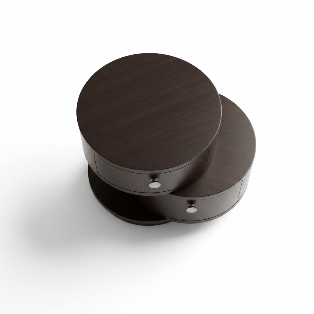Top view of three stacked offset rotating circular dark espresso wood disc bedside table