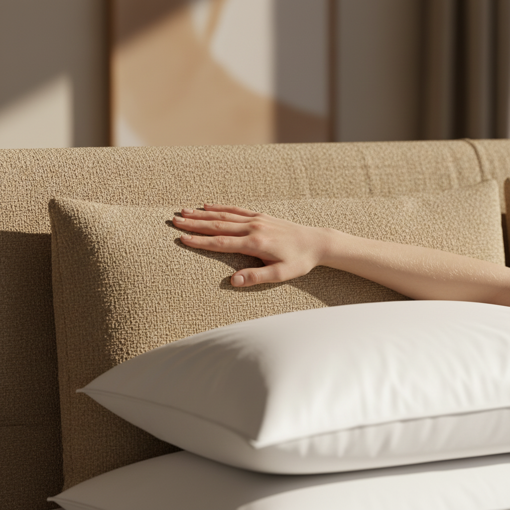 Close-up of Velano Bed Frame boucle headboard texture, lifestyle shot
