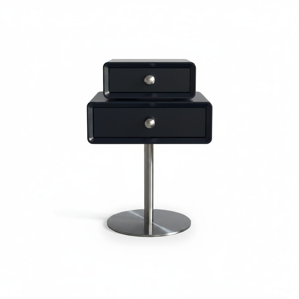 Glossy black two-drawer side table on polished chrome pedestal base, front view on white background